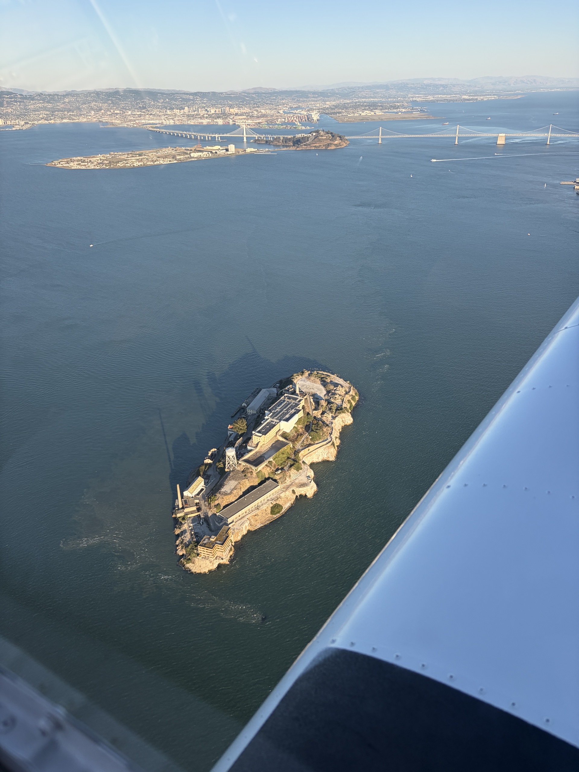 Alcatraz and the Bay Bridge seen from the air